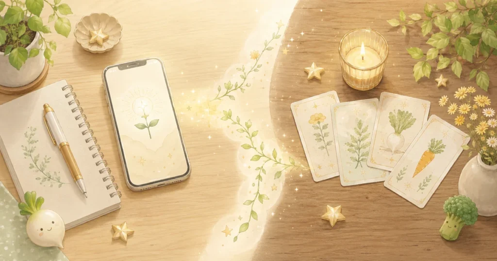 AI占いと普通の占いの違いをスマホと占いカードで表したやさしいイラスト