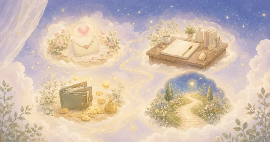 恋愛や仕事や金運など夢占いの代表的なテーマを表したやさしいイラスト