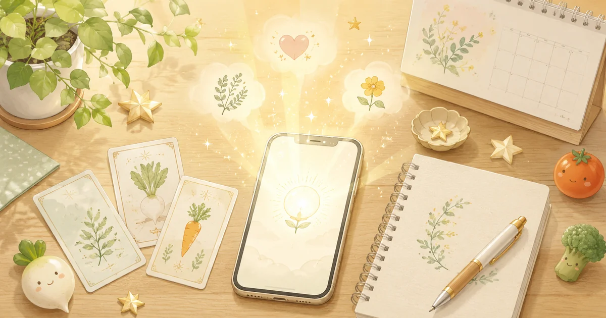AI占いをイメージしたスマホと占いカードと星が並ぶやさしいイラスト
