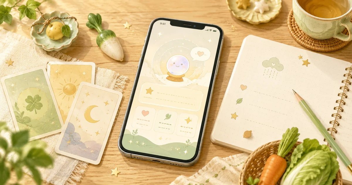 AI占いをイメージしたスマホと占いカードとノートが並ぶやさしいイラスト
