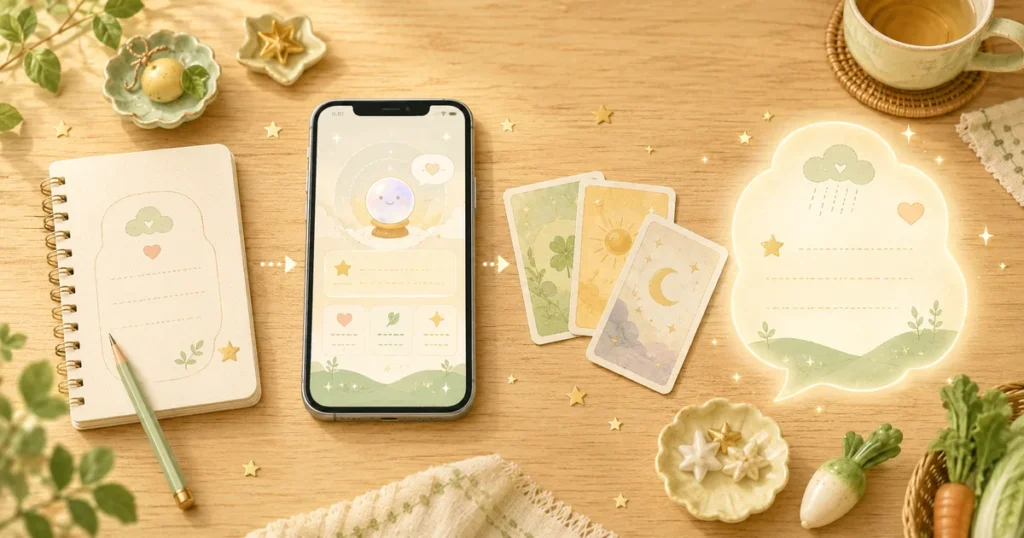 AI占いの仕組みをスマホとメモと占いカードで表したやさしいイラスト