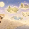 夢占いをイメージした月と星と眠る人のやさしいイラスト