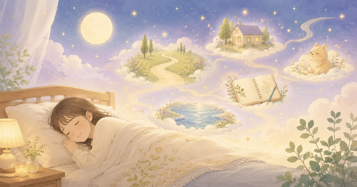 夢占いをイメージした月と星と眠る人のやさしいイラスト
