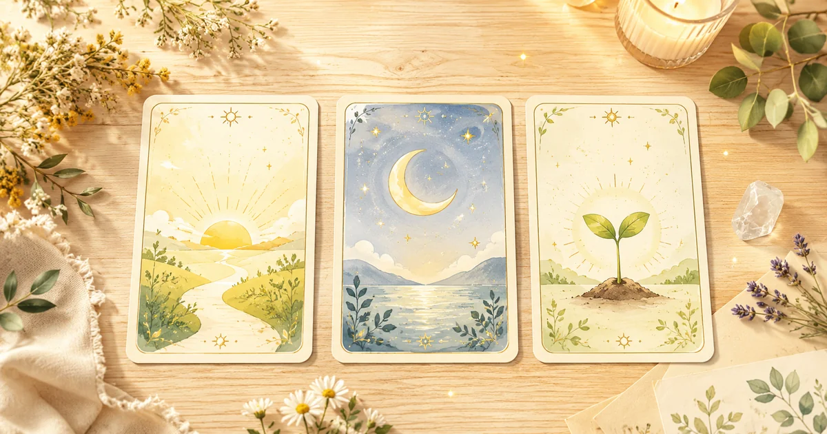 タロット占いの3枚引きをイメージした木の机と3枚のカードのやさしいイラスト