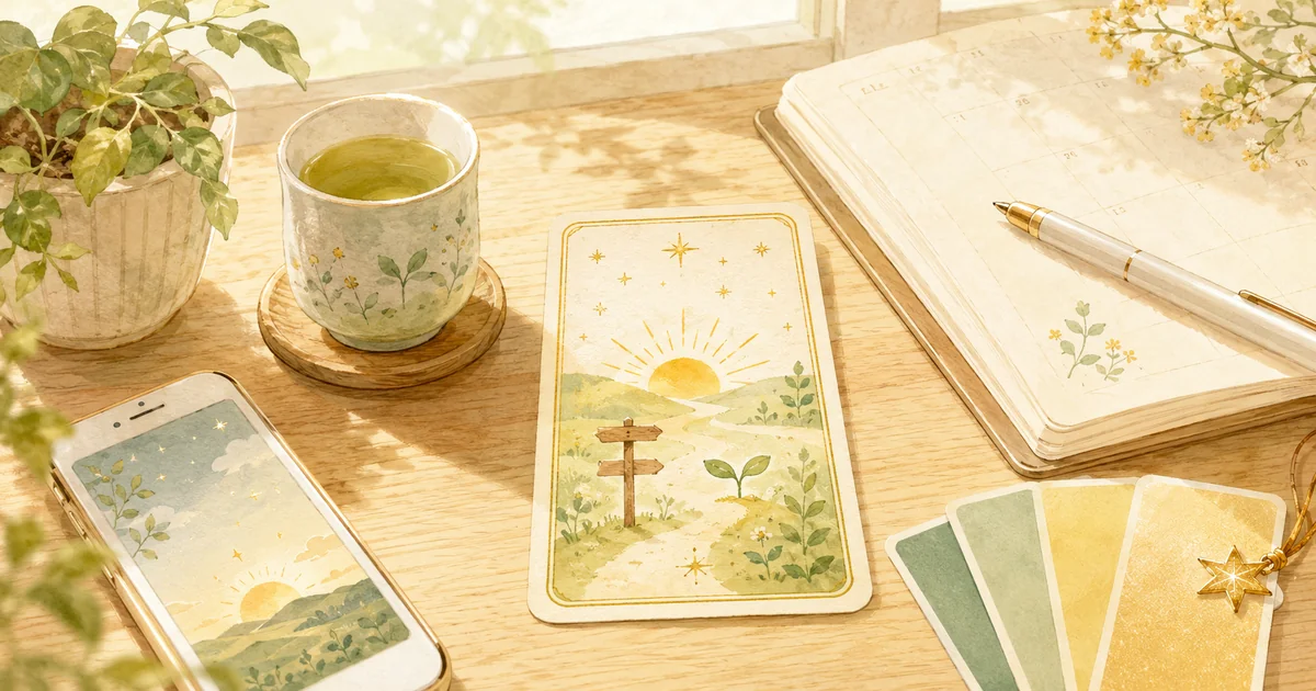 朝の机で今日の運勢を見る様子をイメージしたやさしいイラスト