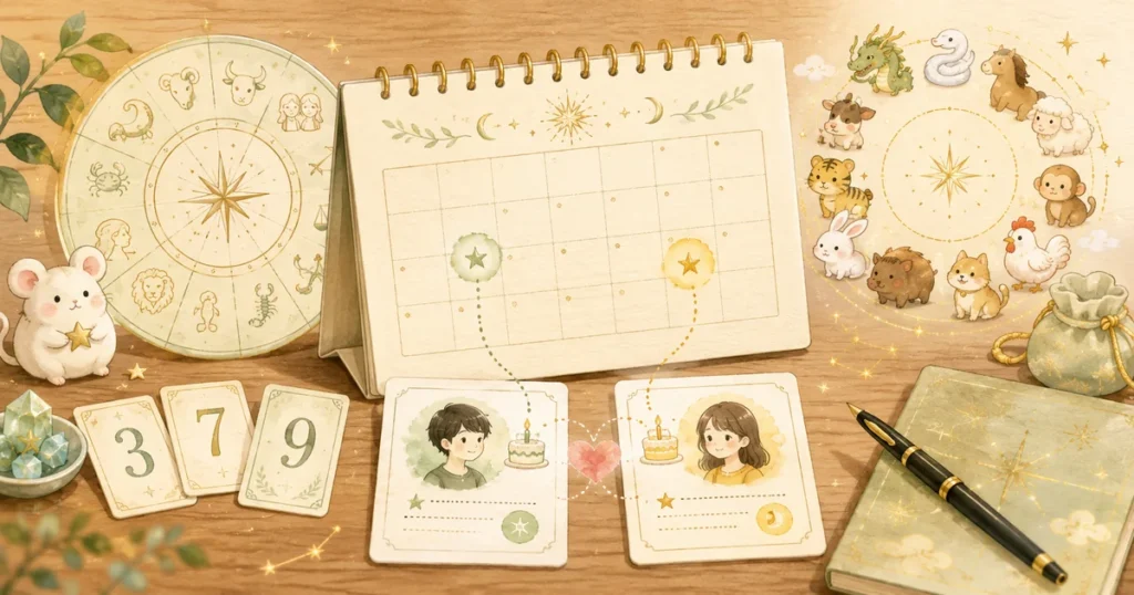 誕生日占いで使うカレンダーや星座や数字カードのやさしいイラスト