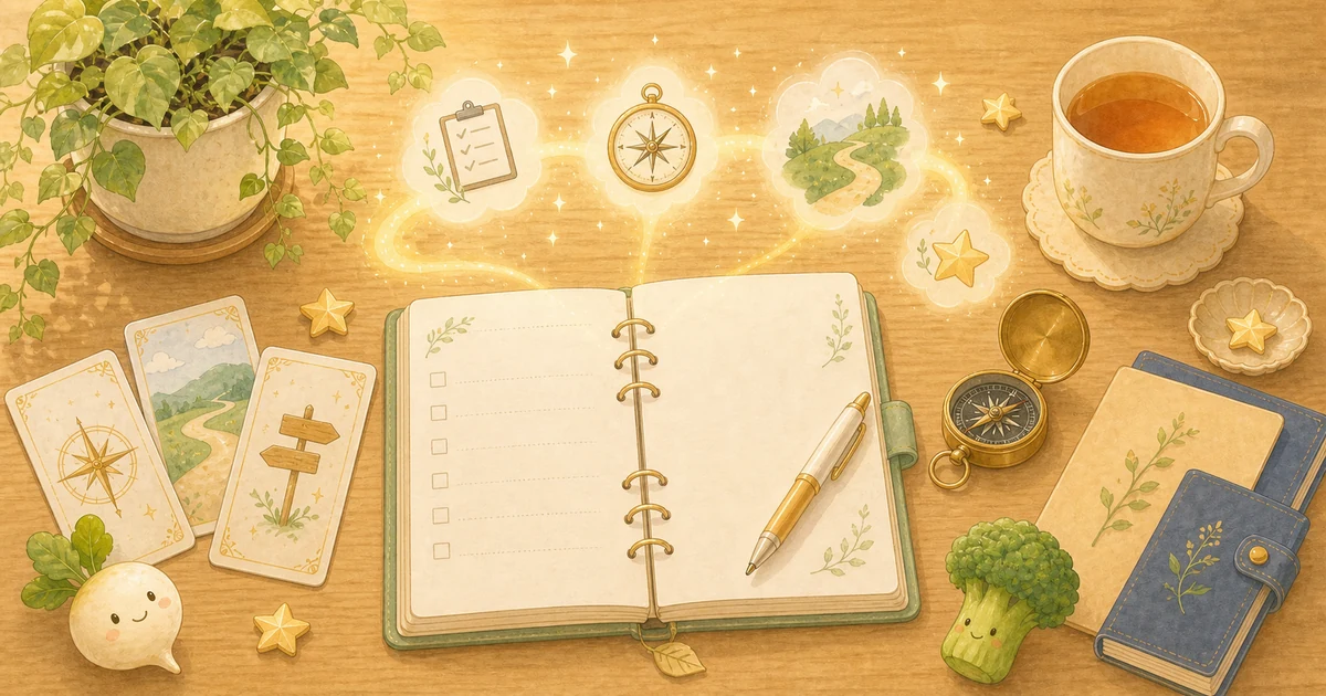転職占いをイメージした手帳と方位磁石と星のやさしいイラスト