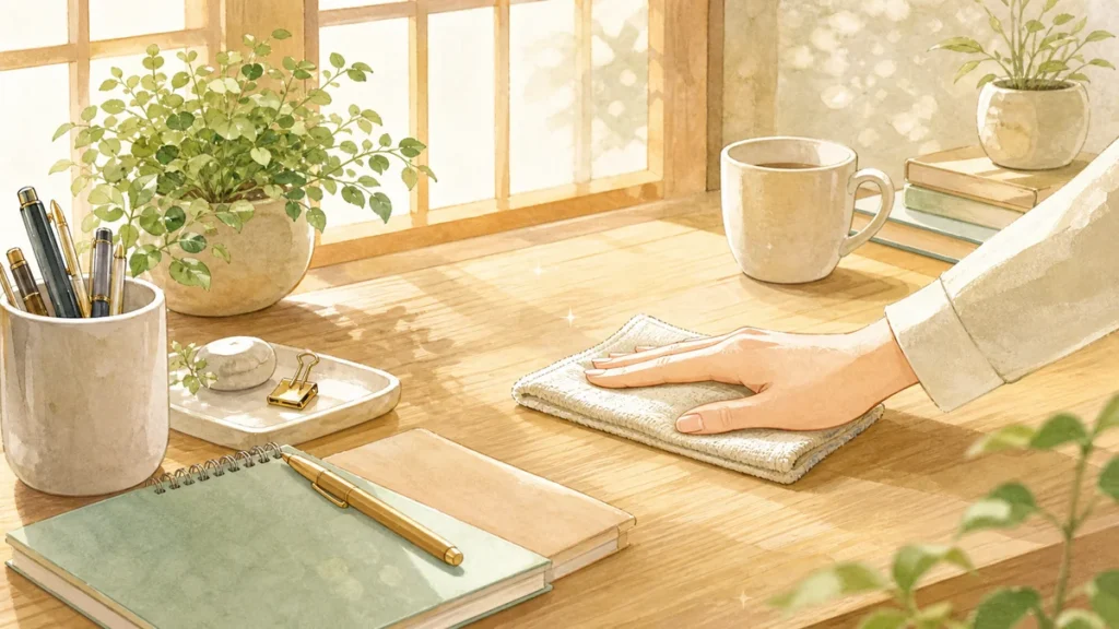朝に机を拭いて仕事運を整えるやさしいイラスト