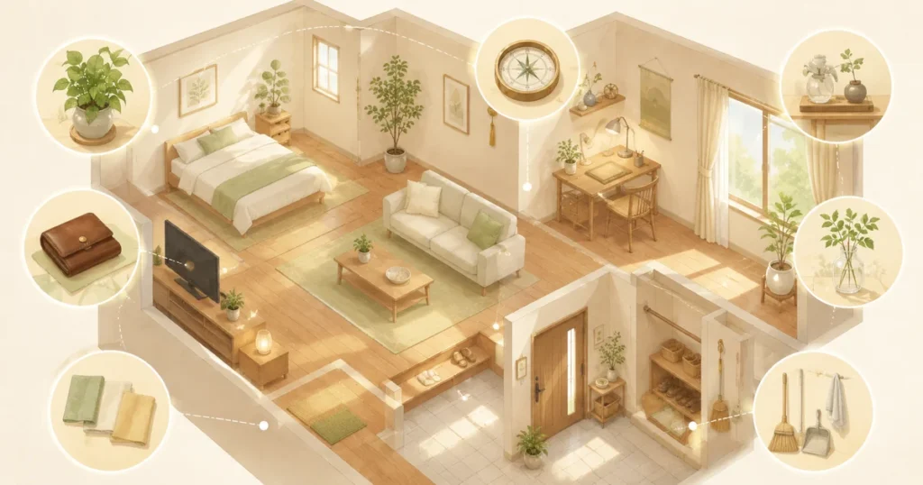 風水で使う玄関や財布や観葉植物をまとめたやさしいイラスト