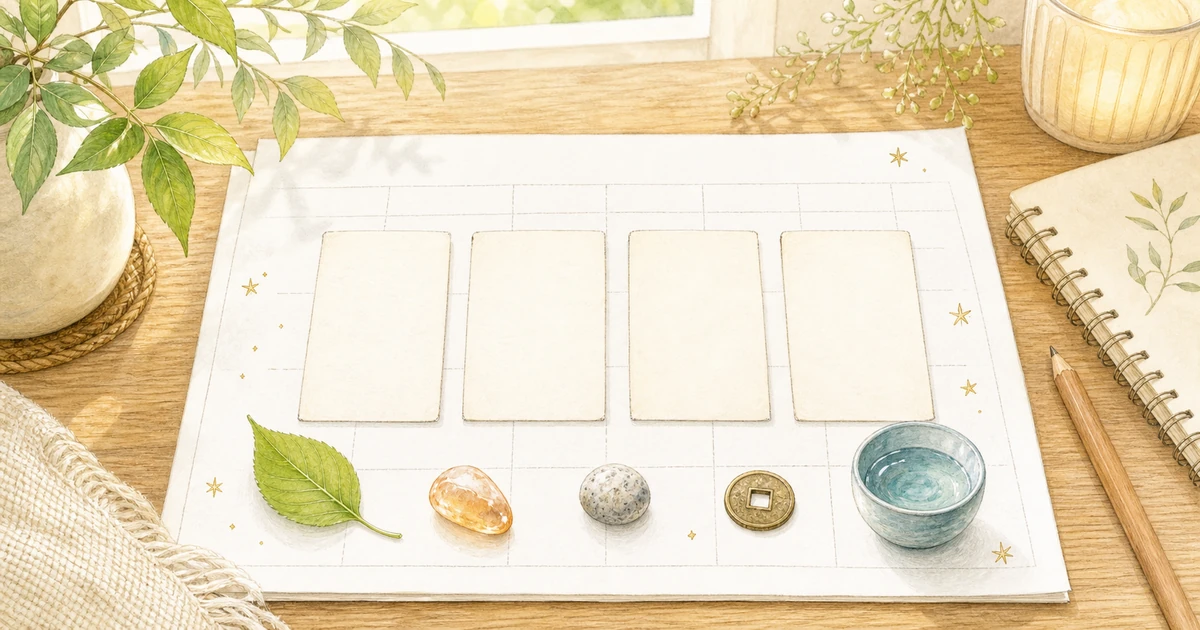 木の机に四柱推命の四つの柱と五行の小物を並べたやさしいイラスト
