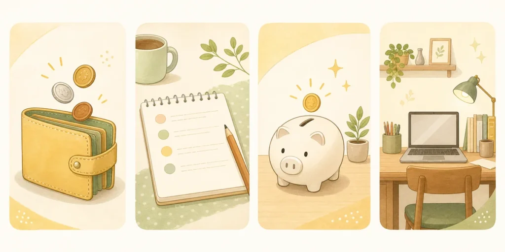 金運占いの代表的な流れを財布やメモやデスクで表したイラスト