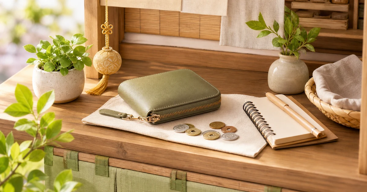 木の棚の上に整えられた財布と硬貨と小さな観葉植物がある、やさしい金運習慣のイメージ