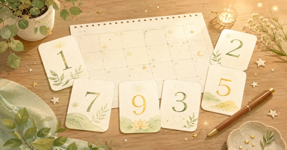 数秘術をイメージしたカレンダーと数字カードのやさしいイラスト