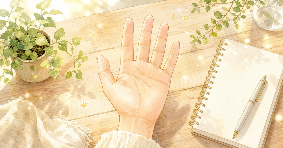 生命線・知能線・感情線をやさしく確認する手のひらのイラスト