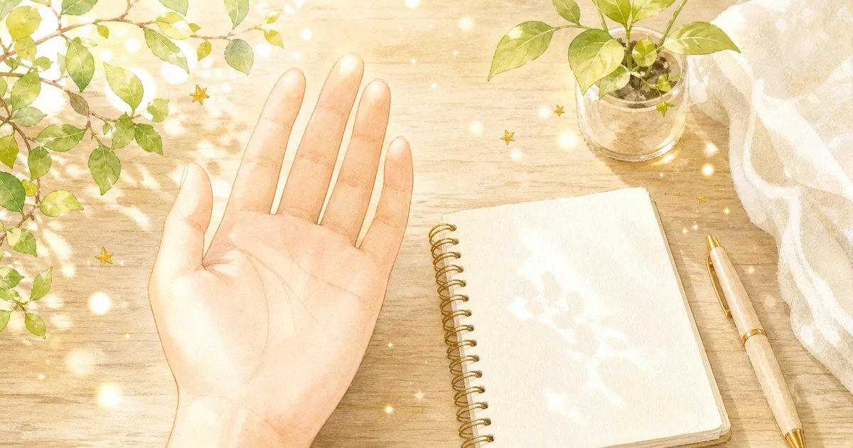 手のひらとノートで手相占いをやさしく学ぶイラスト