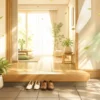 部屋の風水をイメージした明るい玄関と整った部屋のやさしいイラスト