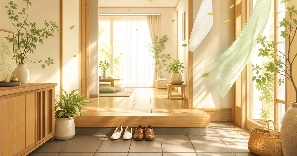 部屋の風水をイメージした明るい玄関と整った部屋のやさしいイラスト