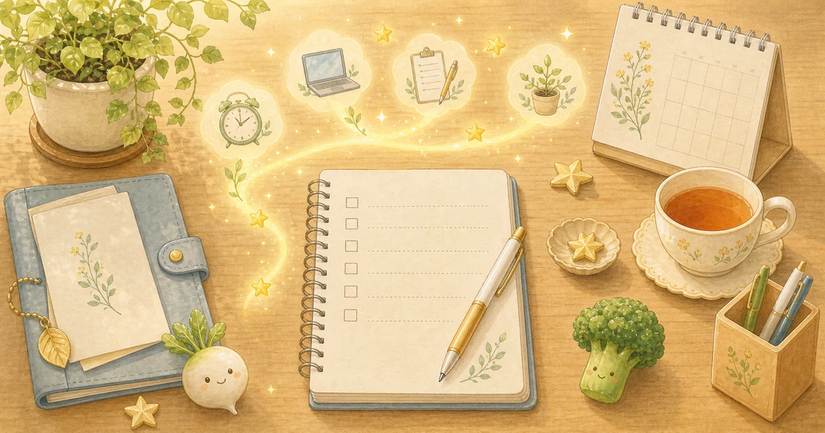 副業を始める前の準備をノートとカレンダーで表したやさしいイラスト