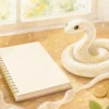 白い蛇と夢日記と硬貨を明るい机に置いた蛇の夢占いのやさしいイラスト