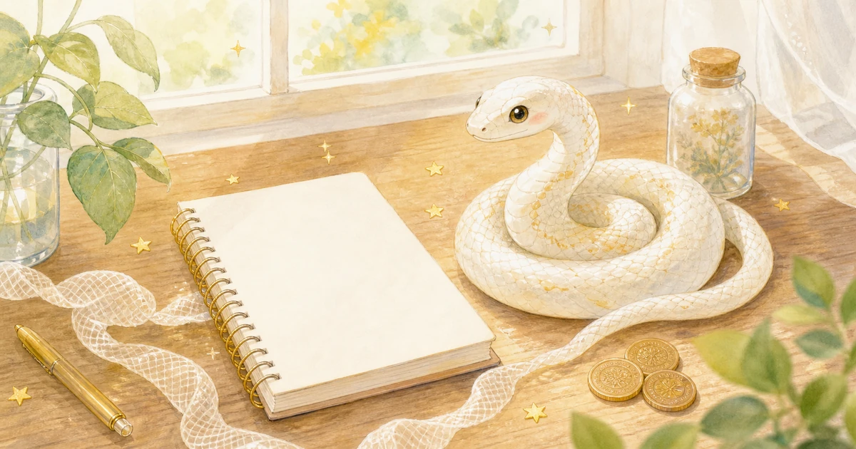 白い蛇と夢日記と硬貨を明るい机に置いた蛇の夢占いのやさしいイラスト