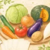 木の机に色とりどりの野菜とカードを並べた野菜占いの明るいイラスト