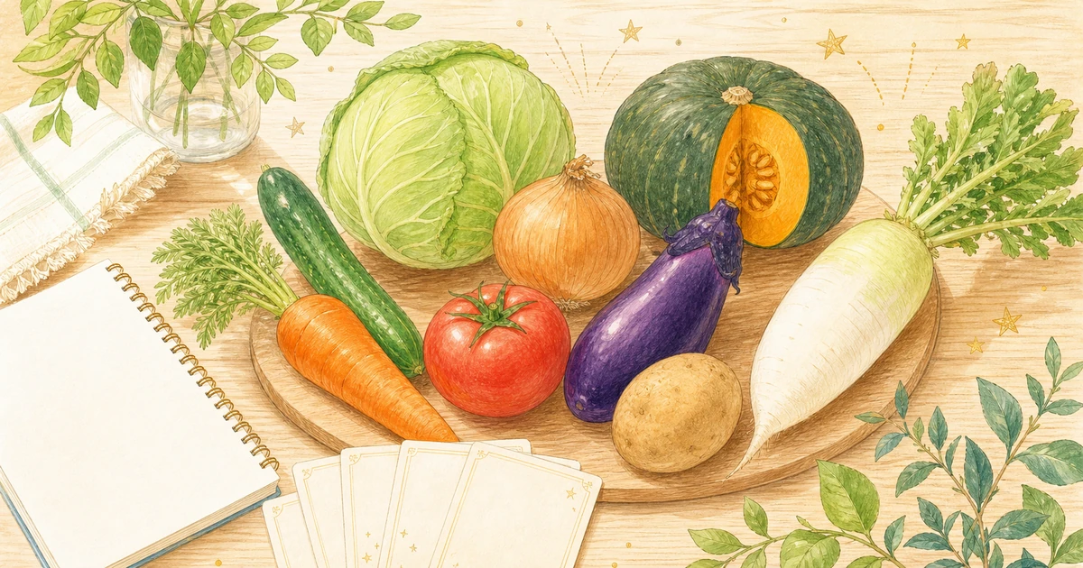 木の机に色とりどりの野菜とカードを並べた野菜占いの明るいイラスト