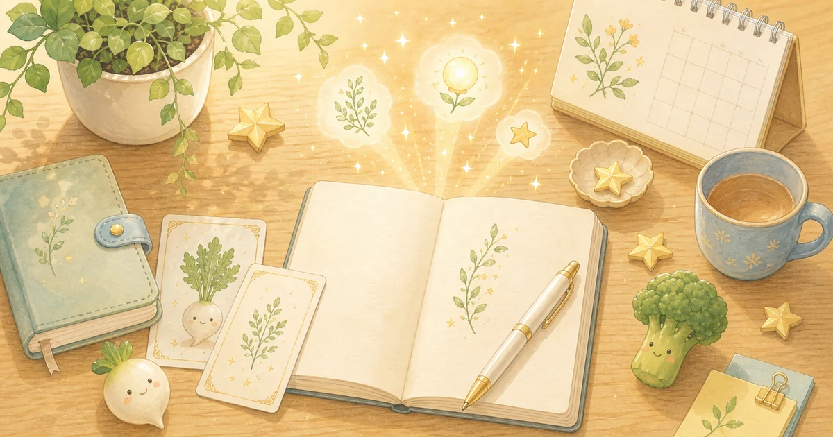 仕事運を整えるための明るいデスクとノートと観葉植物のやさしいイラスト