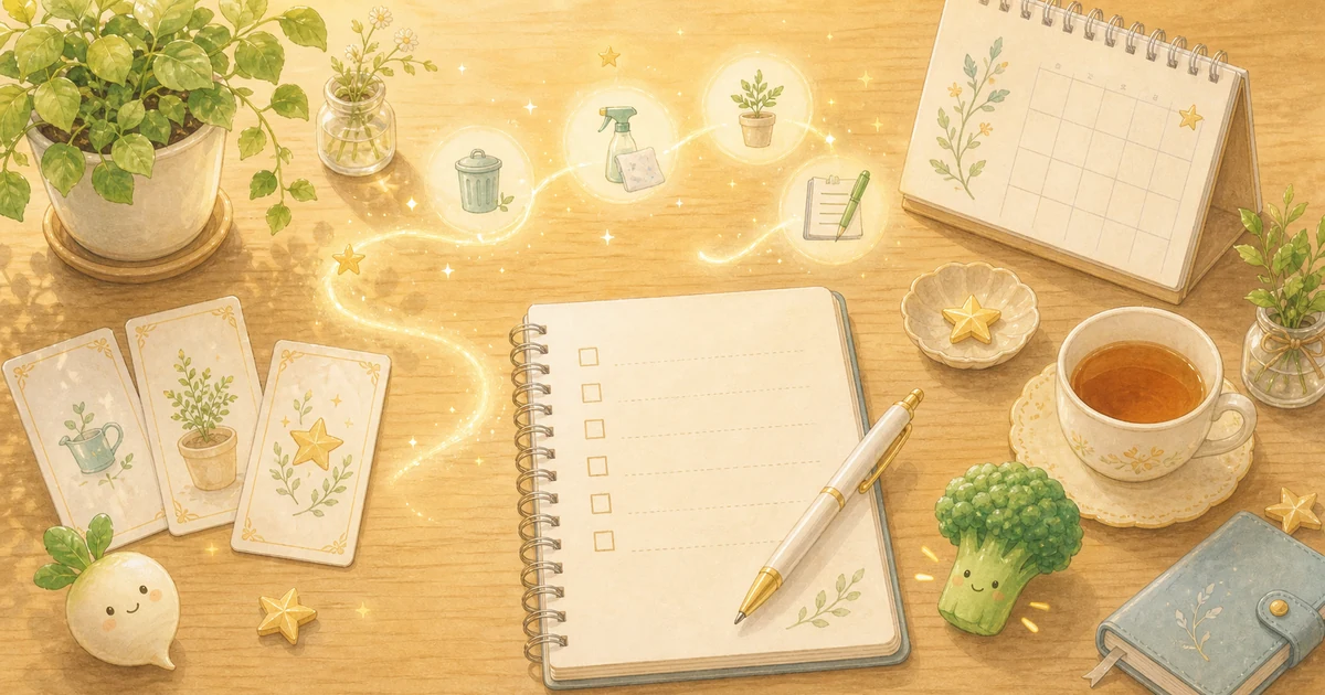 今日できる仕事運の整え方をノートと星のモチーフで表したやさしいイラスト